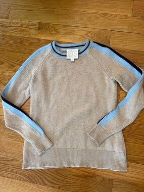 Sail to Sable Beige Sweater Light Blue & Navy Trim xtra small XS merino cotton